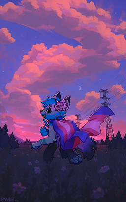 accessory anthro cloud evening evergreen_tree female field flag flag_(object) flower flower_in_hair grass hair hair_accessory happy lgbt_pride looking_back moon outside pawpads pine_tree plant pride_colors running sky smile solo transgender_pride_colors transmission_tower tree twilight vulkiri canid canine canis fox hybrid mammal wolf absurd_res hi_res trans_(lore) trans_woman_(lore)