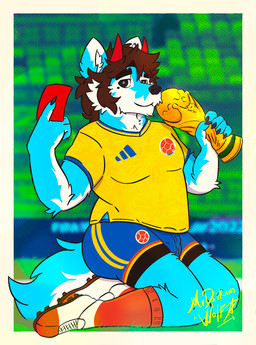 award blue_body blue_bottomwear blue_clothing blue_fur blue_shorts bottomwear brown_hair bulge cleats clothing colombian_flag footwear front_view fur grass hair horn inner_ear_fluff kneeling kneeling_on_ground male markings mole_(marking) multicolored_bottomwear multicolored_clothing multicolored_footwear multicolored_shirt multicolored_shorts multicolored_socks multicolored_topwear plant red_card seductive shirt shorts soccer soccer_field soccer_uniform socks solo sport sportswear tail topwear trophy tuft uniform white_body white_fur yellow_clothing yellow_shirt yellow_topwear mrdarknesswolf colombia_national_football_team fifa mrdarknesswolf_(character) canid canine canis demon hybrid mammal wolf hi_res