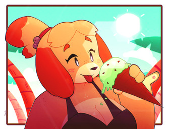 anthro black_clothing black_swimwear blush blush_stickers breasts cleavage clothed clothed_anthro clothed_female clothing cloud countershade_face countershade_torso countershading day dessert female food freckled_face freckled_shoulders freckles fur ice_cream ice_cream_cone ice_cream_on_breasts lens_flare mint_chocolate_chip mint_chocolate_chip_ice_cream palm_tree plant sky solo sun swimwear text tongue tongue_out tree yellow_body yellow_fur tyso_art animal_crossing nintendo isabelle_(animal_crossing) canid canine canis domestic_dog mammal shih_tzu toy_dog 2025 artist_name bust_portrait digital_drawing_(artwork) digital_media_(artwork) english_description hi_res portrait