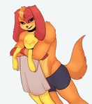 ambiguous_gender anthro bite_mark black_sclera blush boxers_(clothing) clothing duo floppy_ears fur male muscular muscular_anthro muscular_male orange_body orange_fur oversized_clothing pupils tail underwear white_pupils yellow_body ki_kidrew mob_entertainment poppy_playtime smiling_critters dogday_(poppy_playtime) player_(poppy_playtime) canid canine canis domestic_dog human humanoid mammal hi_res