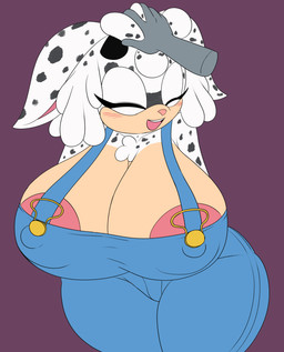 anthro areola areola_slip big_breasts blush blush_lines breasts cleavage clothed clothing countershade_breasts countershade_face countershading disembodied_hand eyelashes eyes_closed female fluffy fluffy_hair fur hair headpat horn huge_breasts markings nipple_outline open_mouth open_smile overalls petting pink_nose purple_background simple_background smile solo spots spotted_body spotted_fur white_body white_fur mechspazer sega sonic_the_hedgehog_(series) fan_character tanya_the_sheep_(foxnightshade) bovid caprine mammal sheep absurd_res hi_res