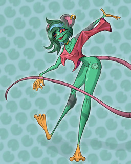 anthro ear_piercing ear_ring feet female green_body green_hair green_skin hair membrane_(anatomy) piercing red_eyes ring_piercing solo tail tattoo toes webbed_feet webbed_hands glaxolotl cassadee_(tenpoundhammer) amphibian frog hybrid mammal mouse murid murine rodent 4:5 absurd_res hi_res