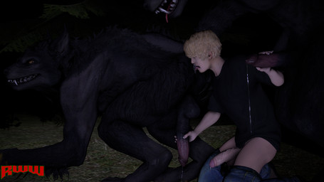 anal anthro big_penis blonde_hair bodily_fluids bottomwear clothed clothing double_handjob forest genital_fluids genitals grin group hair handjob humanoid_genitalia humanoid_penis male male/male male_human night open_bottomwear open_clothing open_pants oral pants penile penis plant precum rimming saliva sex shirt smile t-shirt topwear tree trio renderswithwolves mythology skyrim_werewolf canid canine human mammal monster mythological_canine mythological_creature werecanid werecanine werecreature werewolf 16:9 3d_(artwork) digital_media_(artwork) hi_res source_filmmaker_(artwork) widescreen