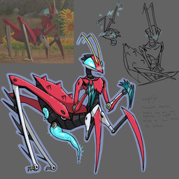 4_legs antennae_(anatomy) anus black_body blade blue_anus blue_eyes blue_penis blush blush_lines dripping genitals heart_eyes heart_symbol machine male penis red_body screw solo knil_(artist) sega sonic_boom sonic_the_hedgehog_(series) arthropod badnik insect mantis robot robot_anthro taur 1:1