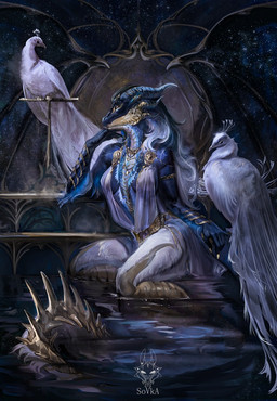anthro blue_body blue_hair blue_scales claws clothing female gold_(metal) gold_jewelry hair horn jewelry long_tail scales solo space tail translucent translucent_clothing water white_hair drawing_sofa mythology avian bird dragon galliform mythological_creature mythological_scalie peafowl phasianid scalie