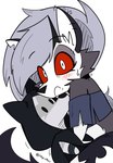 anthro blush bodily_fluids cameo caught_in_the_act clothing collar embarrassed female hug hugging_object hugging_plushie looking_at_viewer notched_ear plushie red_eyes red_sclera solo spiked_collar spikes sweat sweatdrop toy wolf_plushie icey_(artist) dreamworks helluva_boss mythology puss_in_boots_(franchise) death_(puss_in_boots) loona_(helluva_boss) canid canid_demon canine demon hellhound mammal mythological_canine mythological_creature hi_res