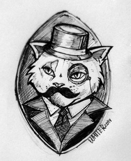 anthro cheek_tuft clothed clothing eyewear facial_hair facial_tuft hat headgear headwear male monocle mustache pupils simple_background slit_pupils solo suit tuft unknowhiter felid mammal 2015 bust_portrait monochrome portrait signature traditional_media_(artwork)