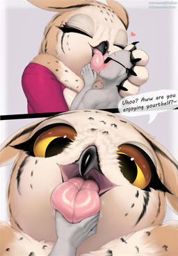 4_fingers 5_fingers anthro beak blush claws dialogue duo eyelashes eyes_closed female female_anthro female_on_human finger_claws fingers first_person_view human_on_anthro interspecies kissing larger_anthro larger_female male male/female male_human male_on_anthro mouth_shot open_beak open_mouth size_difference sloppy_kiss smaller_human smaller_male speech_bubble text tongue tongue_grab tongue_out uvula yellow_sclera thousandfoldfeathers dungeons_and_dragons hasbro wizards_of_the_coast anon holly_(thousandfoldfeathers) human mammal owlbear 2026 digital_media_(artwork) english_text hi_res url