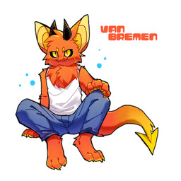 anthro black_horn black_sclera blue_bottomwear blue_clothing bottomwear chest_tuft closed_smile clothed clothing front_view fur head_tuft horn looking_at_viewer male mouth_closed orange_body orange_ears orange_fur orange_tail pupils simple_background sitting slit_pupils smile solo spread_legs spreading tail topwear tuft unsigned white_background white_clothing white_topwear yellow_eyes yellow_inner_ear yellow_tail asnnonaka van_(asnnonaka) species_request 1:1 hi_res
