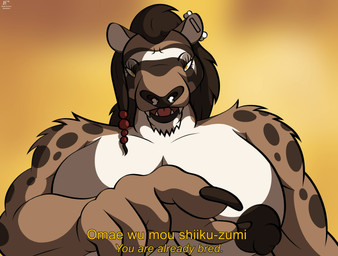 anthro big_breasts breasts broad_shoulders brown_body brown_fur brown_hair countershading death_by_snu_snu ear_piercing facial_piercing female fur gesture hair hand_gesture imminent_sex looking_at_viewer looking_down looking_down_at_viewer looming muscular muscular_female nose_piercing piercing pointing pointing_at_viewer septum_piercing solo text yellow_eyes zehfox omae_wa_mou_shindeiru surena_(zehfox) andrewsarchus mammal prehistoric_species digital_media_(artwork) hi_res subtitled