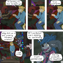 5_panel_comic anthro barefoot black_body black_hair black_sclera blonde_hair blue_eyes blue_hair bong bottle bottomwear bracelet brown_eyes chain_piercing cigarette cigarette_in_mouth clothing collar container dialogue dirty dirty_clothing disgust drugs ear_piercing extended_arm eye_contact eyebrow_piercing eyes_closed facial_piercing feet flannel_shirt fur furniture green_eyes greeting grey_body grey_fur group hair hand_on_lap holding_lighter holding_object hoodie inside jewelry lgbt_pride lighter lighting_cigarette logo long_ears looking_at_another looking_at_hand male nose_piercing object_in_mouth on_sofa page_number pansexual_pride_colors pants pattern_clothing pattern_shirt pattern_topwear pawpads piercing pink_clothing pink_shirt pink_topwear pride_colors pronouns red_eyes red_hair rude shirt sitting sitting_on_sofa sofa speech_bubble spiked_bracelet spiked_collar spikes stated_sexuality striped_clothing striped_shirt striped_topwear stripes tail text topwear white_body white_fur yellow_body yellow_eyes yellow_fur kriek_wildebeest jack_(kriek_wildebeest) jeremy_(kriek_wildebeest) parker_(kriek_wildebeest) ravi_(kriek_wildebeest) tom_(kriek_wildebeest) bird_dog border_collie borzoi canid canine canis cavalier_king_charles_spaniel collie domestic_dog herding_dog hunting_dog husky hybrid mammal nordic_sled_dog pastoral_dog portuguese_water_dog sheepdog sighthound spaniel spitz toy_dog wolf 1:1 artist_logo comic digital_drawing_(artwork) digital_media_(artwork) english_text hi_res multiple_scenes nonbinary_(lore)