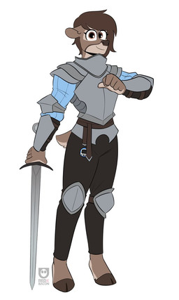 anthro armor brown_eyes brown_hair clothing cloven_hooves female hair hooves looking_at_viewer melee_weapon pose simple_background solo standing sword weapon white_background redxbacon deer mammal 3:5 hi_res