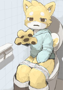 ambiguous_gender anthro bathroom bathroom_floor bathroom_tiles bathroom_wall blush blush_lines boots brown_eyes caught caught_using_toilet clothed clothing footwear fur hand_over_crotch hand_reaching head_tuft hoodie humiliation humiliation_fetish implied_pee implied_scat inner_ear_fluff looking_at_viewer on_toilet open_mouth partially_clothed pawpads paws potty_time public_restroom reaching_towards_viewer shoes sitting sitting_on_toilet solo tail toilet toilet_lid toilet_paper toilet_paper_dispenser toilet_paper_roll toilet_seat toilet_use topwear tuft underwear underwear_around_thighs underwear_down wide_hips yellow_body yellow_fur young wrb_7777 tiggy canid canine canis domestic_dog mammal shiba_inu spitz hi_res