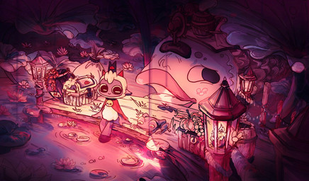 anthro bell bell_collar cape chest_(container) clothing collar happy horn lamp lantern lily_pad plant pond red_cape red_clothing relaxing sitting kizkisseskids cult_of_the_lamb massive_monster_(studio) lamb_(cult_of_the_lamb) red_crown_(cult_of_the_lamb) amphibian aquatic bovid caprine fish frog mammal sheep 2022 hi_res restricted_palette