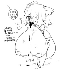 bandage big_breasts blush bodily_fluids breasts breath drooling eye_patch eyewear female hair huge_breasts hyper hyper_breasts inner_ear_fluff mostly_nude nipple_outline panting pasties saliva scar sharp_teeth short_hair solo speech_bubble sweat tail teeth text tongue tongue_out tuft cibastion animal_humanoid canid canid_humanoid canine canine_humanoid humanoid mammal mammal_humanoid wolf_humanoid english_text hi_res monochrome