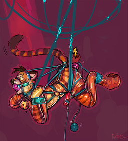 anthro bdsm bell bondage bound brown_body brown_fur buttplug collar cuff_(restraint) erection fur gag gagged genitals hair halter harness harness_gag harness_ring_gag inflatable_buttplug inflatable_toy male multicolored_body multicolored_fur muzzle_(object) muzzled nude open_mouth_gag orange_body orange_fur penis plug_(sex_toy) restraints ring_gag sex_toy shackles simple_background solo striped_body striped_fur stripes submissive submissive_male suspension tail tail_bondage tail_cuff tail_tied two_tone_body two_tone_fur turbinedivinity felid mammal pantherine tiger 2012 digital_media_(artwork)