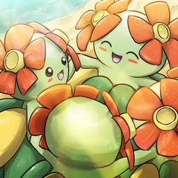 ambiguous_gender ambiguous_humanoid beach black_eyes blush featureless_arms flower flower_on_head green_body group hand_holding happy leaf light not_furry open_mouth open_smile outside pink_tongue plant red_flower sand smile tongue water spicyichizo nintendo pokemon bellossom elemental_creature elemental_humanoid flora_fauna generation_2_pokemon humanoid plant_humanoid pokemon_(species) 1:1 2025 absurd_res hi_res lighting shaded