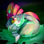 anthro grey_body male mask red_eyes red_fin slime solo wearing_mask yellow_sclera hanezi nintendo splatoon fish marine salmonid_(splatoon) steel_eel_driver