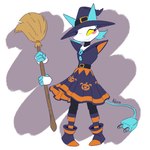 4_fingers broom cleaning_tool clothed clothed_female clothing disembodied_hand female fingers footwear front_view hat headgear headwear holding_broom holding_cleaning_tool holding_object machine no_irises shoes smile solo standing tail white_body witch_hat advos deltarune undertale_(series) tasque_manager robot tasque 1:1 2025 digital_media_(artwork)