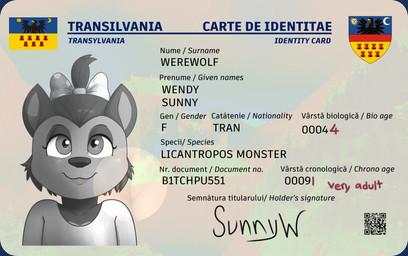 accessory anthro barely_visible_butt bow_ribbon butt card clothed clothing fake_id female flag front_view fur greyscale_with_colored_background hair hair_accessory hair_bow hair_ribbon humor id_card loli looking_at_viewer profanity qr_code ribbons solo stated_age text young young_anthro zeklullaby hotel_transylvania sunny_werewolf canid canine canis mammal wolf 2025 digital_drawing_(artwork) digital_media_(artwork) english_text greyscale hi_res monochrome romanian_text signature