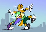 anthro balancing bottomwear clothing confusion duo female hug hugging_waist inline_skates male roller_skates scared shorts toony unbalanced juneduck21 anatid anseriform avian bird canid canine canis dingo duck mammal