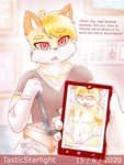 anthro bite bite_mark black_mail blonde_hair crotch_markings electronics hair heart_symbol male markings navel phone red_eyes solo text womb_tattoo tasticstarlight talia_(tasticstarlight) domestic_cat felid feline felis mammal 3:4 digital_media_(artwork) english_text hi_res shaded