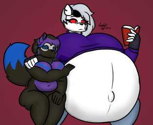 anthro belly big_belly big_breasts bodily_fluids book bottomwear breasts clothed clothing duo female fur hair hand_on_belly holding_object huge_belly huge_breasts hyper hyper_belly hyper_pregnancy lactating lactating_through_clothing navel nude pants piercing pregnant pregnant_anthro pregnant_female purple_clothing purple_topwear reading reading_book red_sclera shirt sitting size_difference sweater tail topwear wet wet_clothing white_body white_eyes white_fur isaiahtse hellaverse helluva_boss mayternity mayternity_2025 mythology ira_wolfe_(isaiahtse) loona_(helluva_boss) canid canid_demon canine demon hellhound mammal mythological_canine mythological_creature werecanid werecanine werecreature werewolf 2025 digital_media_(artwork) hi_res
