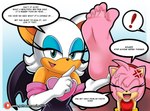 amy_rose anthro armwear barefoot bat clothed clothing duo elbow_gloves english_text eulipotyphlan eyes_closed feet female foot_fetish gloves handwear hedgehog hi_res humanoid_feet laugh mammal mrff25 open_mouth pink_body plantigrade rouge_the_bat sega soles sonic_the_hedgehog_(series) speech_bubble text toes