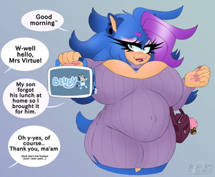anthro belly big_belly big_breasts blue_body blue_eyes blue_fur breasts cleavage_cutout clothing colored_nails cutout dress eyebrows female fur greeting hair huge_breasts jewelry lipstick looking_at_viewer makeup mature_female multicolored_body multicolored_fur nails pink_nose pregnant pregnant_female purple_eyebrows purple_hair solo sweater text thick_thighs tight_clothing topwear turtleneck wide_hips deaniealaska sega sonic_the_hedgehog_(series) khloe_ryleigh_(deaniealaska) eulipotyphlan hedgehog mammal absurd_res english_text hi_res