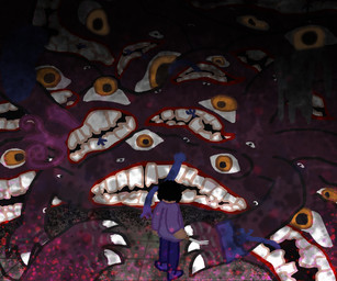 ambiguous_gender carving_fork claws clothed clothed_human clothed_male clothing floor fully_clothed fully_clothed_human fully_clothed_male horror_(theme) male multi_eye nightmare_fuel orange_eyes standing tile tile_floor torn_clothing white_claws chimerasofthesoutheastmeadows look_outside grinning_beast_(look_outside) sam_(look_outside) human mammal monster 6:5 colored digital_drawing_(artwork) digital_media_(artwork) english_description