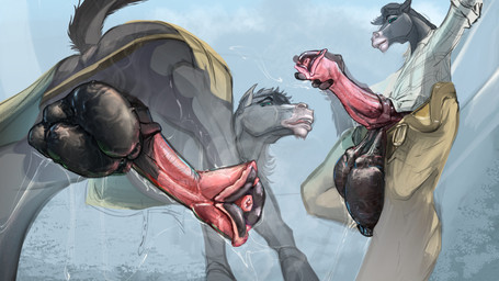 anatomically_correct anatomically_correct_genitalia animal_genitalia animal_penis anthro balls beard belt big_balls bodily_fluids bottomwear butt clothed clothing denim denim_bottomwear denim_clothing duo epididymis equine_genitalia equine_penis erection eyewear facial_hair feral flared_penis genitals glasses goatee hair jeans male masturbation nude open_belt pants penis pink_penis saggy_balls shirt simple_background smile steam sweat tail topwear urethra vein veiny_balls lostdragon01 equid equine horse mammal 16:9 digital_media_(artwork) hi_res widescreen