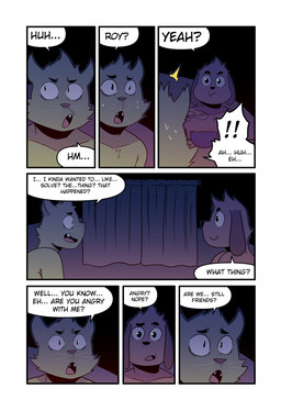 anthro bodily_fluids brown_body brown_fur chewing curtains_closed cute_fangs dialogue duo eating eating_food eye_contact fangs floppy_ears fur green_body green_fur long_ears looking_at_another male nervous nervous_sweat oblivious seven_frame_image speech_bubble stuttering sweat teeth text whiskers t0l0k roy_(t0l0k) ted_(t0l0k) canid canine canis domestic_cat domestic_dog felid feline felis mammal comic english_text hi_res multiple_scenes