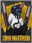 anthro black_body blue_eyes bottomwear chainsaw chainsaw_arm clothing male necktie pants power_tool shirt solo tongue tongue_out tools topwear zak_hitsuji chainsaw_man zak_(zak_hitsuji) canid canine canis mammal wolf hi_res