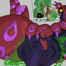 belly belly_touching_floor big_belly big_butt black_body burping butt female feral feral_pred horn huge_belly huge_butt hyper hyper_butt purple_body quadruped rumbling_stomach simple_background solo tail thick_thighs trainer unwilling_prey voluptuous_female vore zlogi nintendo pokemon arthropod generation_5_pokemon human insect mammal pokemon_(species) scolipede 1:1 absurd_res comic hi_res sequence