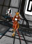 alternate_species angry anthro artificial_intelligence barefoot biped black_nose claws clothed clothing detailed_background digitigrade feet fur furrification green_eyes holding_object holding_weapon inside laser looking_at_viewer machine male orange_body orange_fur portal_gun solo test_chamber toe_claws turret weapon dalagar portal_(series) valve chell sentry_turret_(portal) turret_(portal) canid canine fox mammal robot absurd_res hi_res