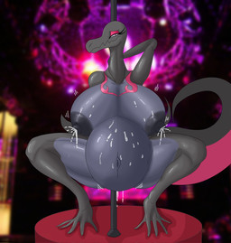 anthro areola belly big_belly big_breasts black_areola black_nipples bodily_fluids breasts crouching eyelashes female huge_belly huge_breasts hyper hyper_belly hyper_breasts inside lactating looking_at_viewer narrowed_eyes navel nipples non-mammal_breasts nude pole pregnant pregnant_anthro pregnant_female solo stripper_pole suggestive suggestive_look thick_thighs vf-01s nintendo pokemon generation_7_pokemon pokemon_(species) reptile salazzle scalie hi_res