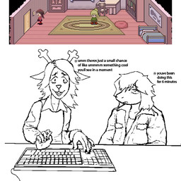 anthro clothing computer_keyboard dialogue duo female gaming playing_video_game screencap text unimpressed crackratart deltarune undertale_(series) yume_nikki noelle_holiday susie_(deltarune) deer mammal new_world_deer reindeer scalie digital_drawing_(artwork) digital_media_(artwork) english_text monochrome