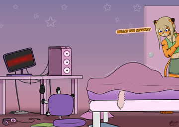 anthro bedroom blonde_hair blue_eyes bottomwear chair clothing computer duo electronics female female/female fur furniture green_outfit hair headphones multicolored_body multicolored_fur office_chair orange_body orange_fur puffed_tail scared shorts stripes tied_hair topwear worried catsockjus bella_(catsockjus) lily_(catsockjus) felid feline mammal pantherine tiger hi_res