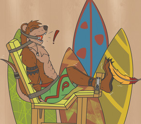 anthro ball_gag black_nose bodily_fluids brown_body brown_fur chair clothing cross-popping_vein crying exclamation_point eyes_closed feet fur furniture gag gagged loose_feather male motion_lines on_chair restrained restrained_tail restraints sitting sitting_on_chair solo stocks surfboard swimming_trunks swimwear tail tears teeth tickle_fetish tickle_torture tickling tickling_feet tooth_necklace pawerup mammal mustelid otter hi_res
