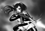 ak-47 ak_platform anthro armwear assault_rifle big_ears black_hair black_nose breasts bullet_casing clothing female genitals gun hair legwear long_hair nipples pussy ranged_weapon rifle satchel shell_casing shooting_gun solo weapon chanrom kalashnikov bear giant_panda mammal greyscale low_res monochrome