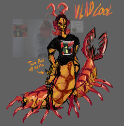 anthro cerci_(anatomy) exoskeleton hair horn insect_legs male mandibles multi_arm multi_leg multi_limb orange_body orange_exoskeleton red_hair segmented_arms segmented_body simple_background solo yellow_body ratrat13 chemlab_(band) vlad_cool arthropod centipede myriapod taur