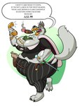 3_toes 4_fingers anthro big_breasts big_butt big_legs biped black_claws black_clothing black_nose breasts butt cartoon_physics cheek_tuft chest_tuft cigar cigar_in_mouth cigar_smoke claws cleavage cleavage_overflow clothed clothing facial_tuft feet female fingers fur grey_body grey_fur hammerspace huge_breasts huge_butt hyper hyper_breasts hyper_butt lips money_bag money_in_cleavage object_in_mouth pantsuit rich smoke solo text thick_lips thick_thighs thong_straps toes toony tuft walking eternitythelabb0 canid canine canis mammal wolf english_text hi_res