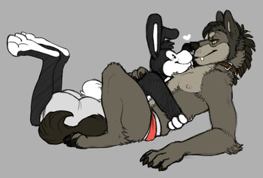anthro black_eyes boop brown_collar brown_tail collar duo heart_symbol male male/male nipple_piercing nipples nose_boop piercing smile tail white_tail yellow_eyes cubi cubi_(wolf) canid canine canis lagomorph mammal wolf source_request