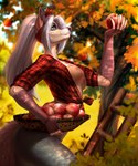 5_fingers anthro apple breasts day detailed_background eyebrows eyelashes featureless_breasts female fingers food fruit hair outside plant sky solo tree white_hair amur canid canine mammal 2021 absurd_res digital_media_(artwork) hi_res