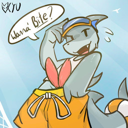 2_penises anthro asking_viewer bodily_fluids clothing clothing_pull dialogue dorsal_fin drawstring_bottomwear eyewear eyewear_on_head fin genitals goggles goggles_on_head inviting inviting_to_oral male multi_genitalia multi_penis multicolored_body net outside penis pool_float presenting presenting_penis shirt smile solo sweat sweatdrop swimming_trunks swimwear tank_top text topwear two_tone_body volleyball_net kyu_kitsune fish marine shark 1:1 english_text signature