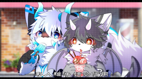 2_horns anthro big_eyes black_body black_fur blue_eyes blue_horn blush blush_lines drinking duo food fur grey_body grey_fur horn kemono male membrane_(anatomy) membranous_wings popsicle red_eyes slim_anthro slim_male white_body white_fur white_horn wings hlg7777 mythology dragon furred_dragon furred_scalie mythological_creature mythological_scalie scalie 2022