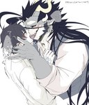 anthro black_hair blush duo ear_piercing ear_ring french_kissing hair horn kissing long_hair male male/male open_mouth piercing ring_piercing smile teeth tongue tongue_out izm_rm7 lifewonders mythology tokyo_afterschool_summoners fuxi_(tas) protagonist_(tas) twink_protagonist_(tas) dragon human mammal mythological_creature mythological_scalie scalie hi_res