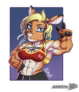 anthro blonde_hair blue_eyes chibi female gesture hair hand_gesture muscular solo v_sign agonwolfe antelope bovid gazelle mammal