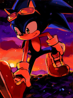 anthro biped blue_body blue_fur clothing eyewear eyewear_on_head footwear fur gloves green_eyes handwear male outside shoes sky smile solo star stretching sun sunglasses sunglasses_on_head sunset blblchiyori sega sonic_riders sonic_the_hedgehog_(series) sonic_the_hedgehog eulipotyphlan hedgehog mammal 3:4