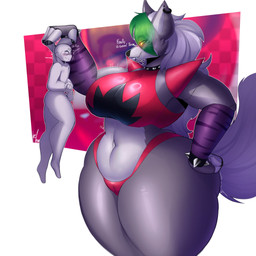 ambiguous_gender anthro blush bodily_fluids camel_toe drooling duo ear_piercing ear_ring female fur green_hair grey_body grey_fur hair larger_female lipstick machine makeup midriff piercing ring_piercing saliva size_difference sweat text thick_thighs yellow_eyes hueleo8 five_nights_at_freddy's five_nights_at_freddy's:_security_breach scottgames steel_wool_studios roxanne_wolf animatronic canid canine canis human mammal robot wolf 1:1 english_text hi_res